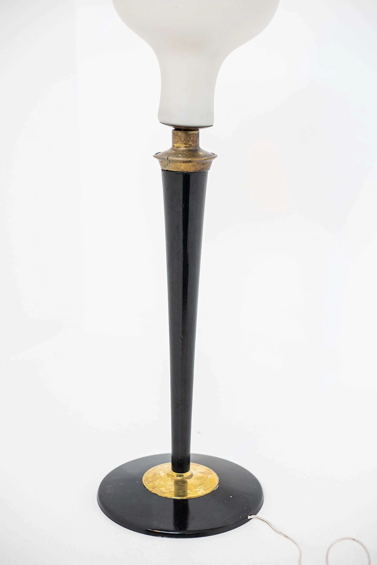 Opal glass table lamp with wood and brass frame, 1950s 1400586