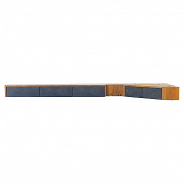 Wall console table attributed to Melchiorre Bega in walnut and blue fabric, 1950s