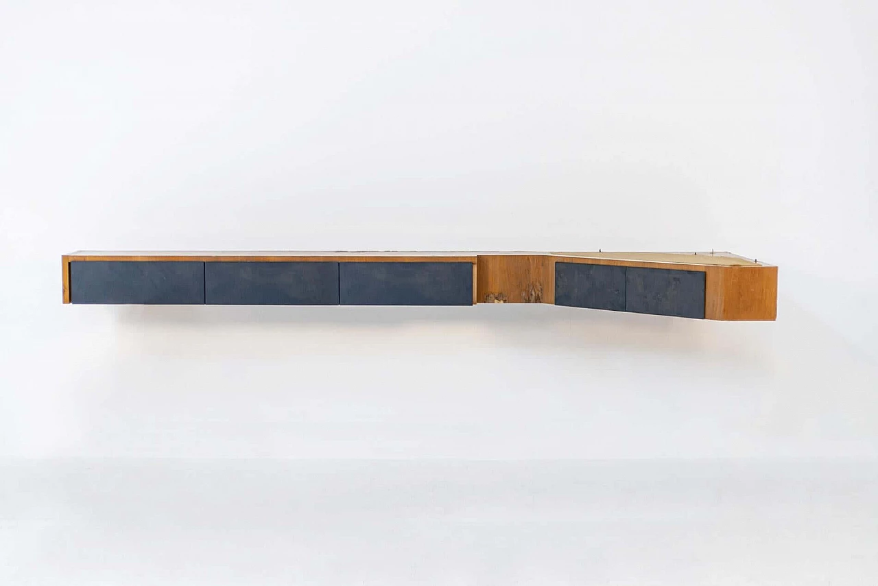 Wall console table attributed to Melchiorre Bega in walnut and blue fabric, 1950s 1400810