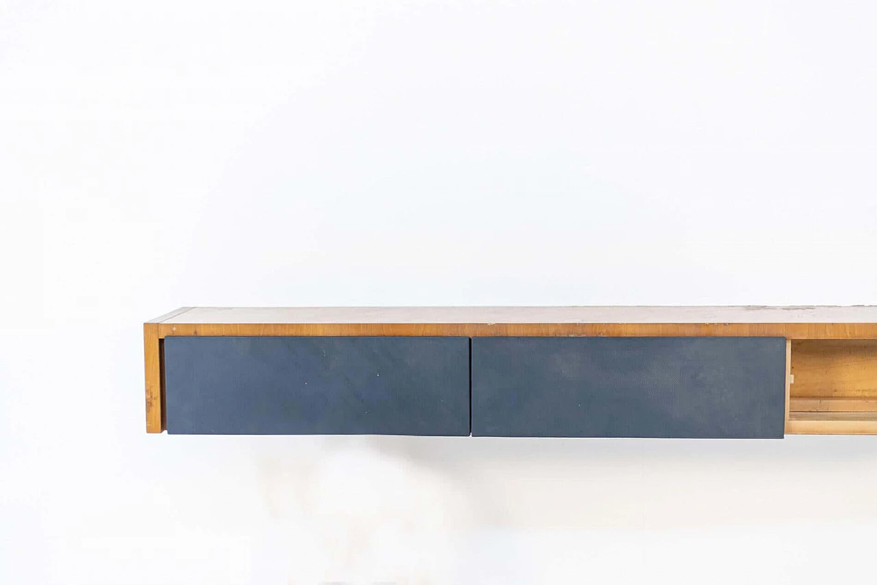 Wall console table attributed to Melchiorre Bega in walnut and blue fabric, 1950s 1400812