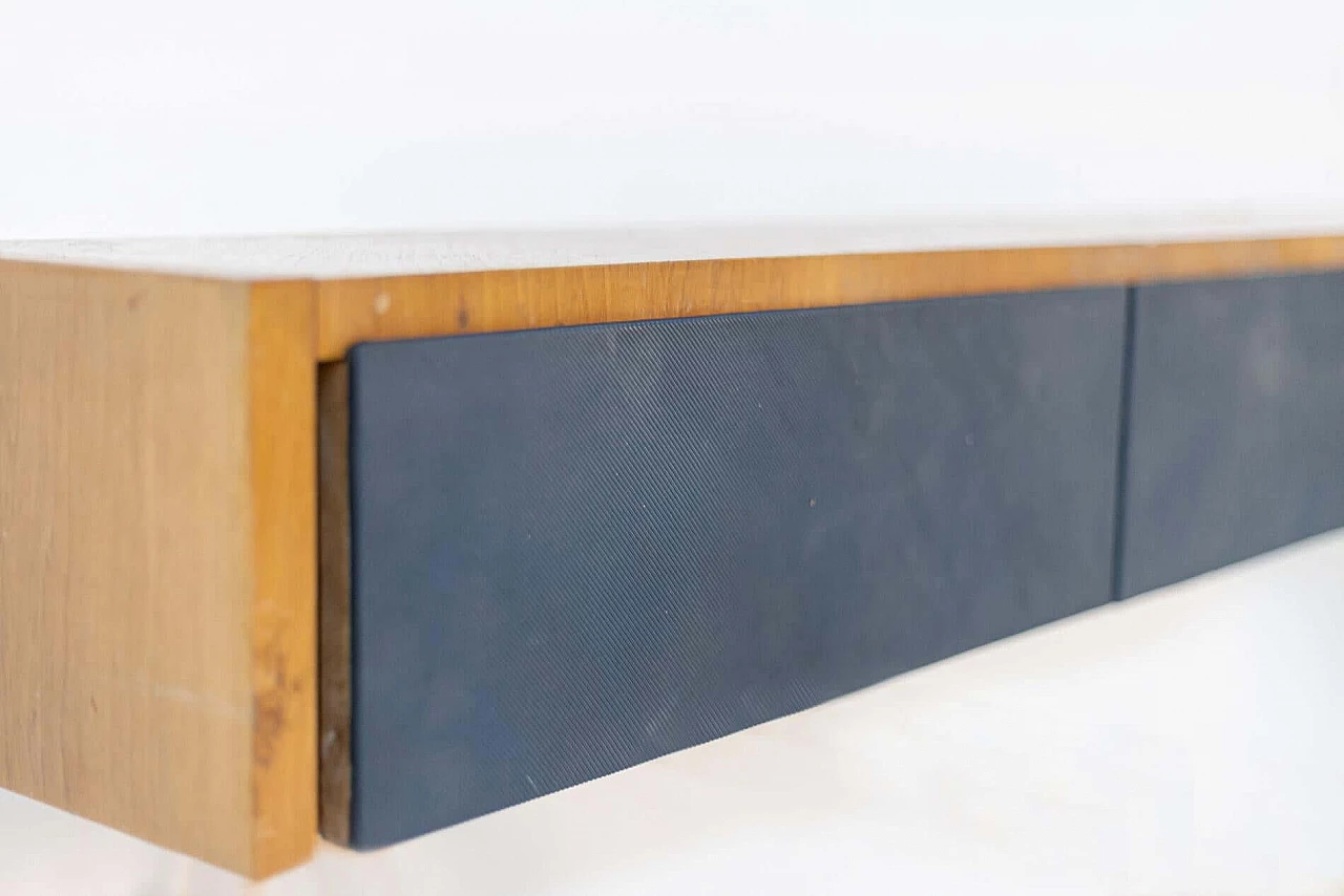 Wall console table attributed to Melchiorre Bega in walnut and blue fabric, 1950s 1400813