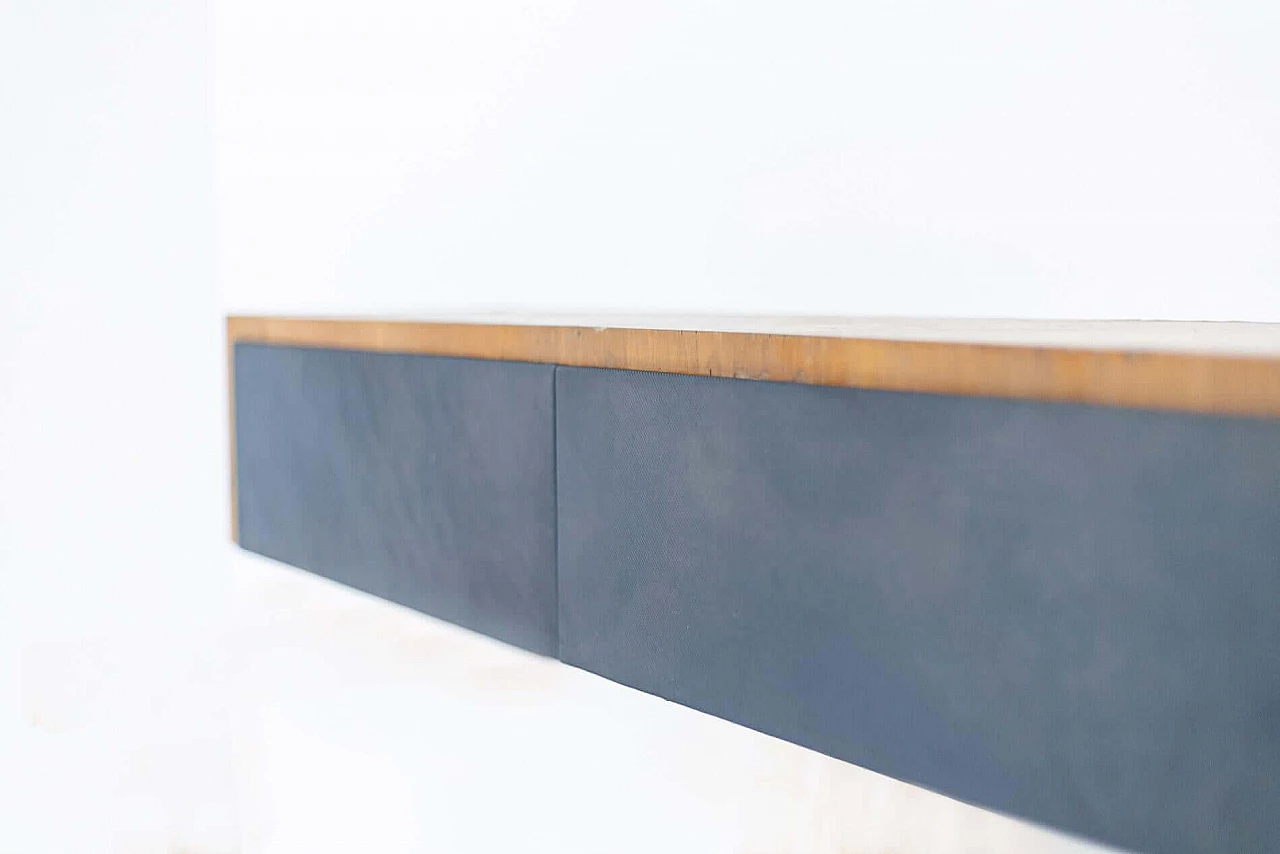 Wall console table attributed to Melchiorre Bega in walnut and blue fabric, 1950s 1400815