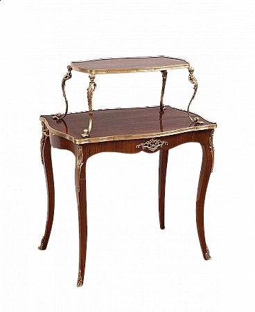 Tavolino francese Napoleone III in legni policromi con applicazioni in bronzo dorato, '800