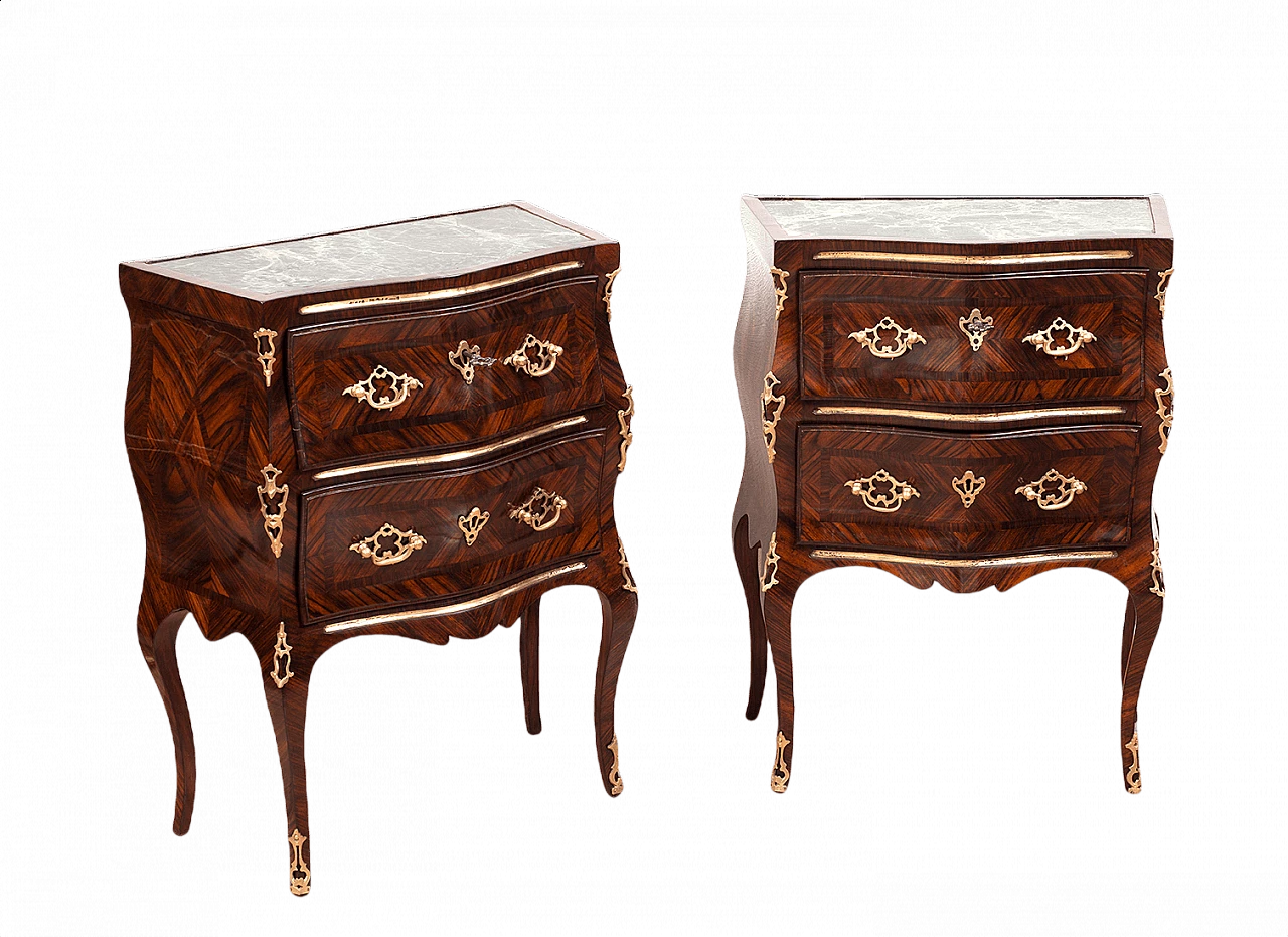 Coppia di comodini siciliani in legni esotici pregiati con piano in marmo, inizio '900 1400873