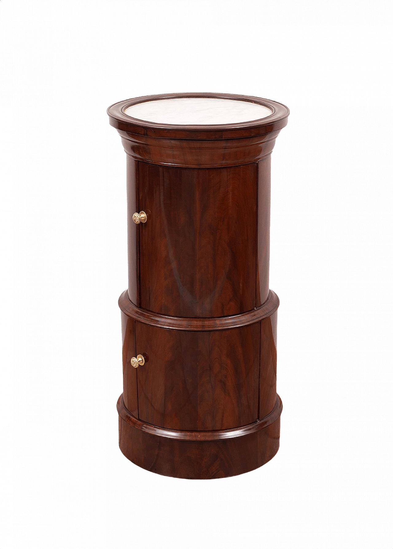 Comodino a cilindro francese Impero in piuma di mogano con piano in marmo bianco, '800 1400874