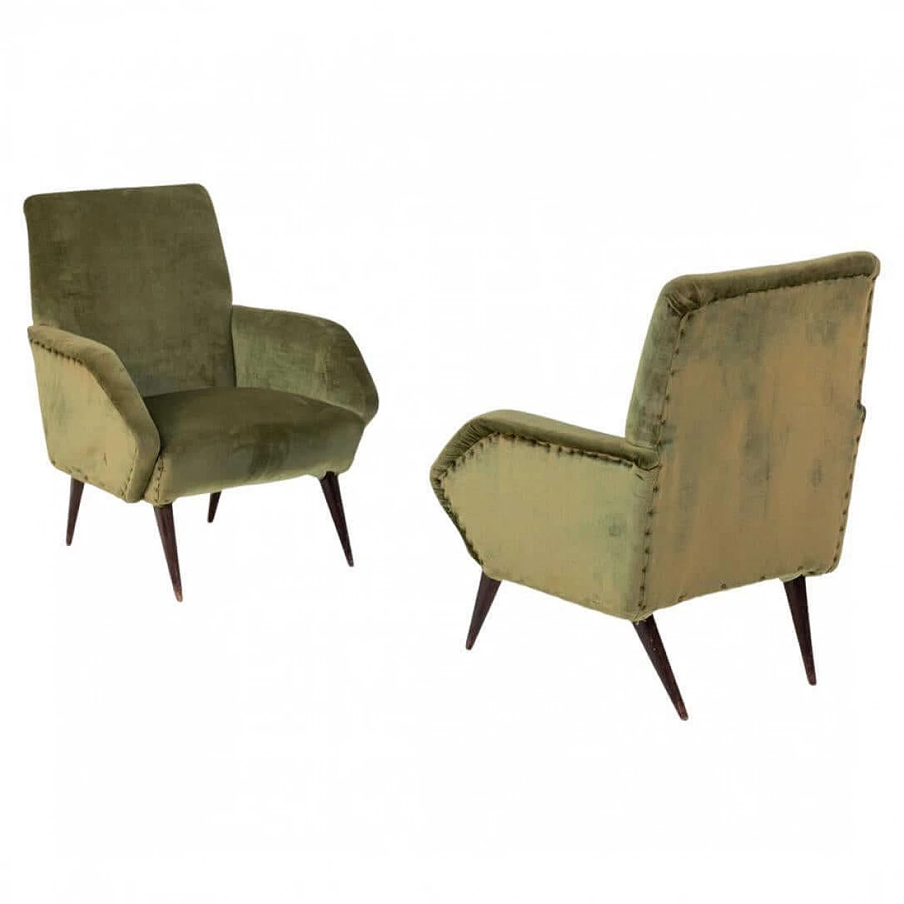 Coppia di poltrone in velluto verde e legno, anni '50 1400888