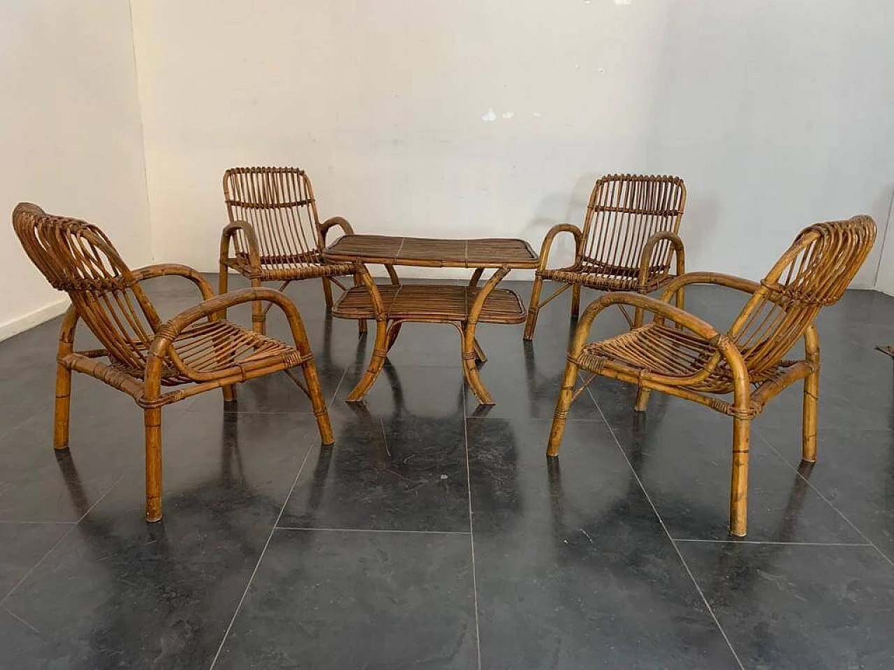4 Bamboo armchairs and coffee table, 1960s 1402392