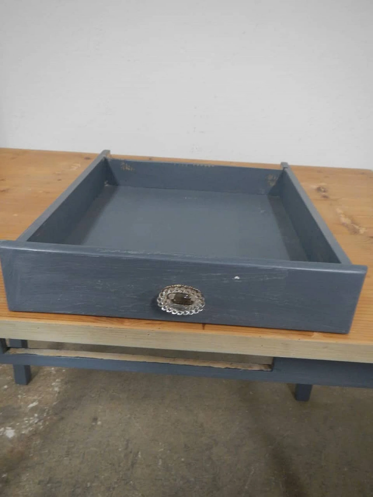 Blue fir table with glass knob, 1960s 1402642