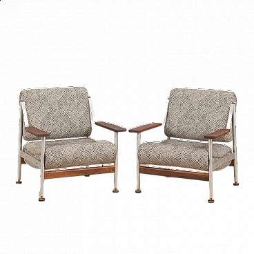 Pair of Space Age lounge chairs in alluminium, brass, walnut and fabric attributable to Saporiti, 70s