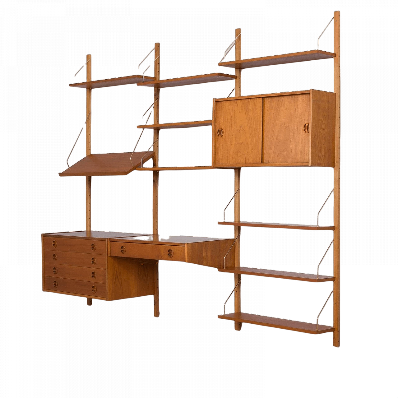 Wall unit with desk and cabinets in the style of Poul Cadovius in teak and brass, 60s 1402879