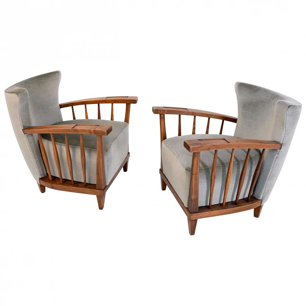 Pair of Maurizio Tempestini armchairs in walnut and grey velvet, 1950s 1403210