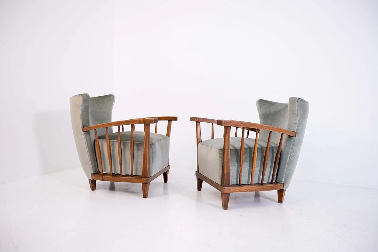 Pair of Maurizio Tempestini armchairs in walnut and grey velvet, 1950s 1403211
