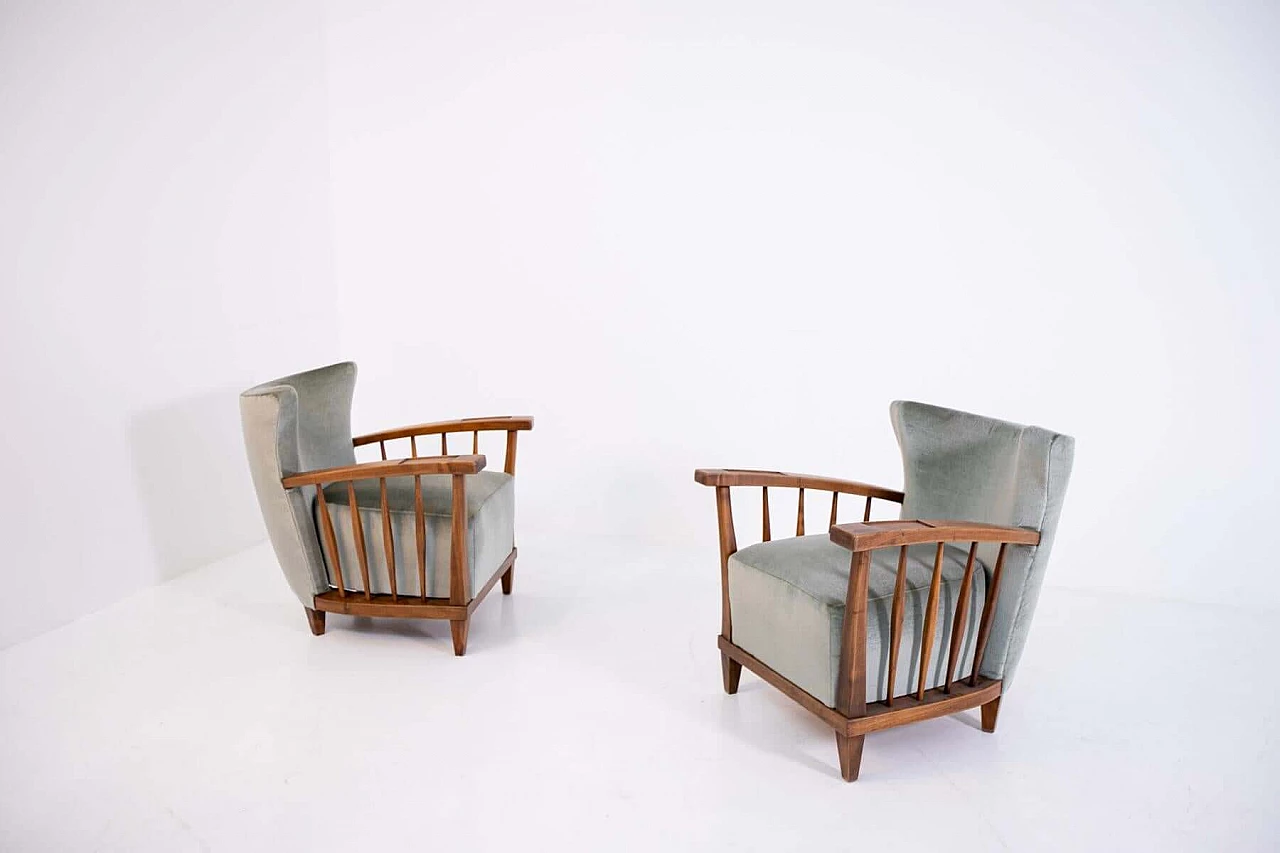 Pair of Maurizio Tempestini armchairs in walnut and grey velvet, 1950s 1403212