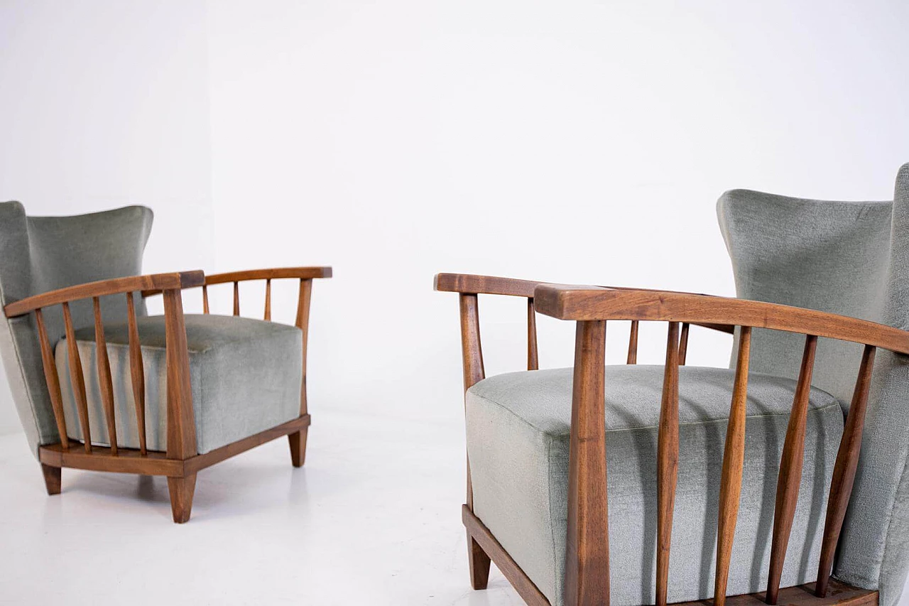 Pair of Maurizio Tempestini armchairs in walnut and grey velvet, 1950s 1403214