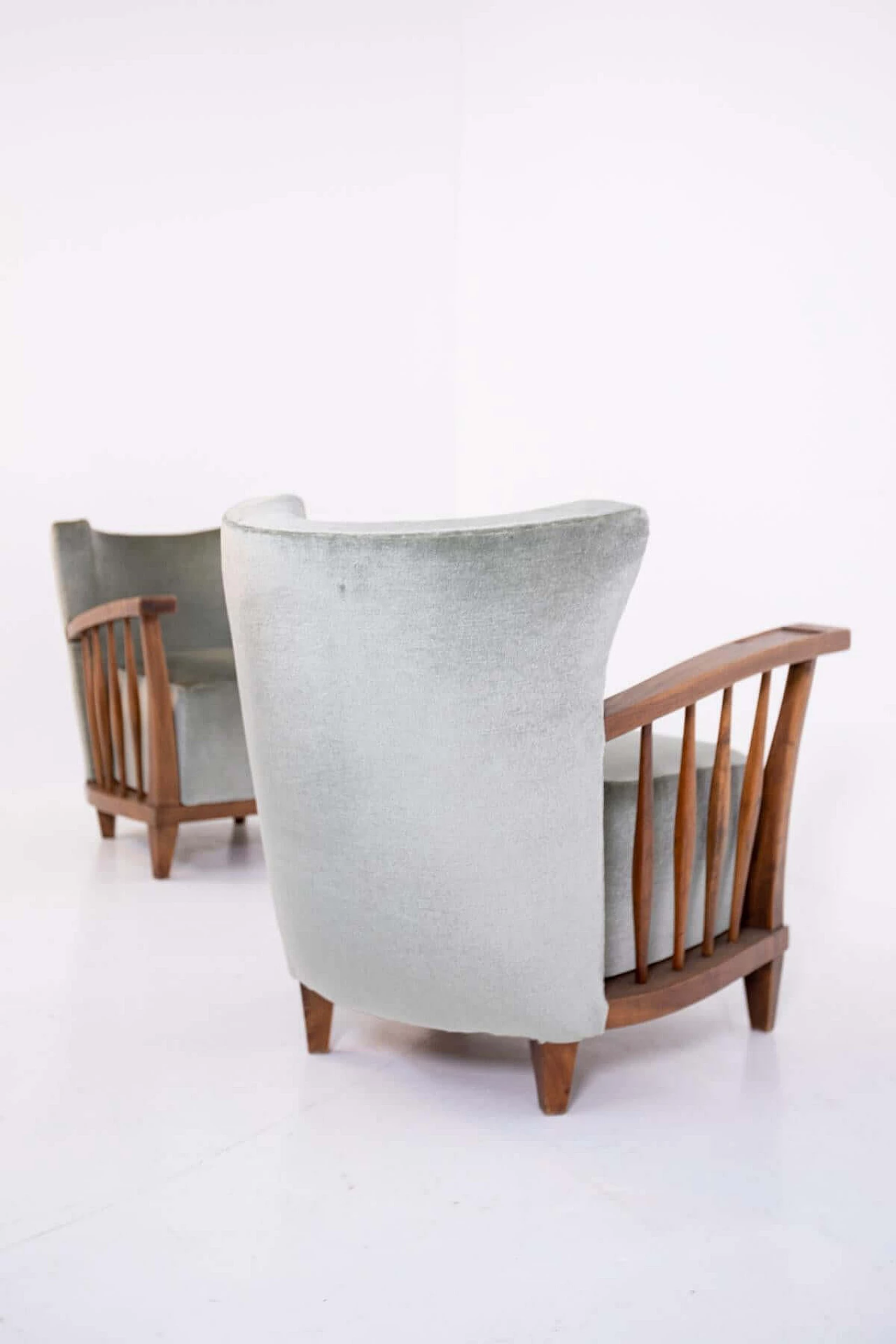 Pair of Maurizio Tempestini armchairs in walnut and grey velvet, 1950s 1403217