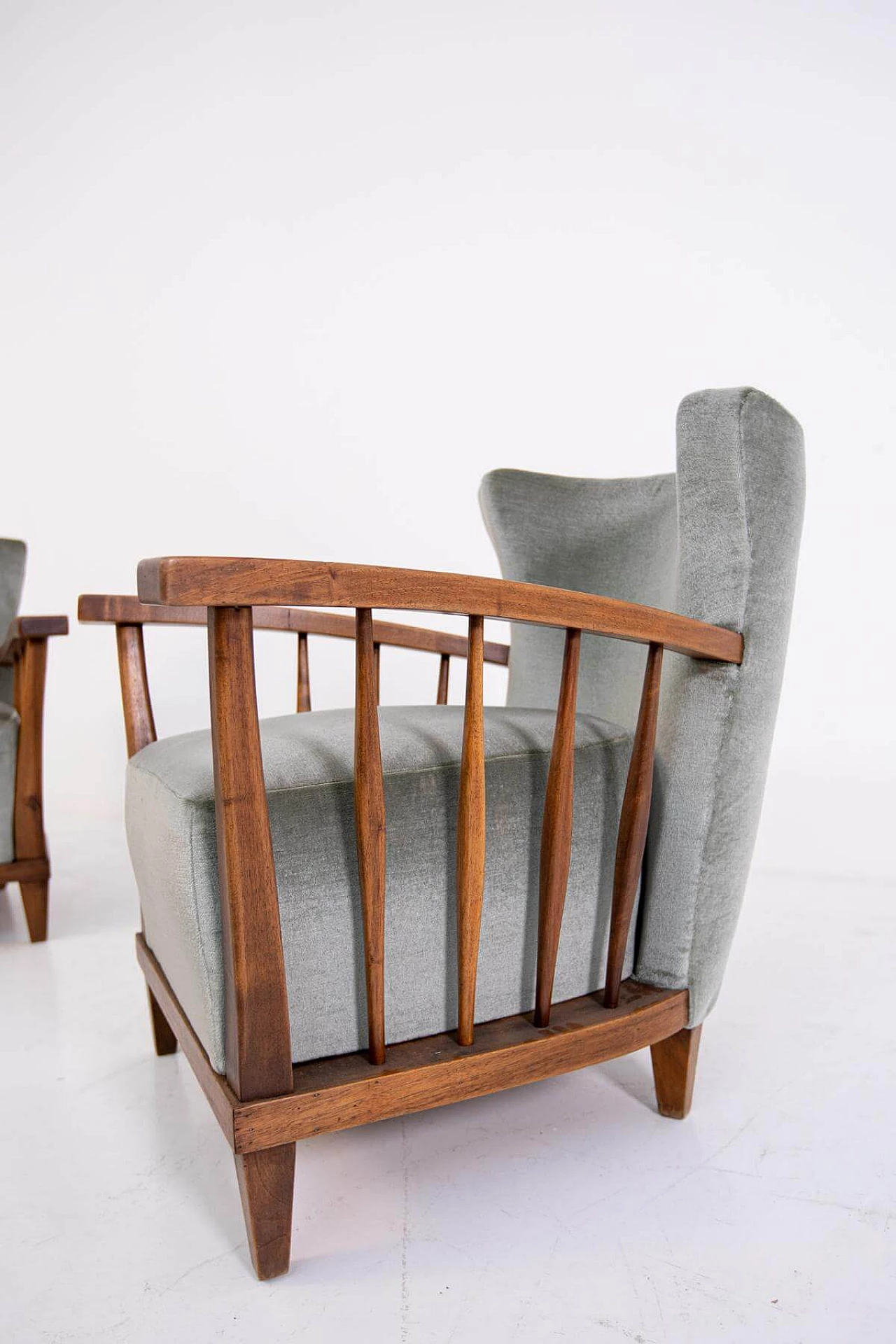 Pair of Maurizio Tempestini armchairs in walnut and grey velvet, 1950s 1403219