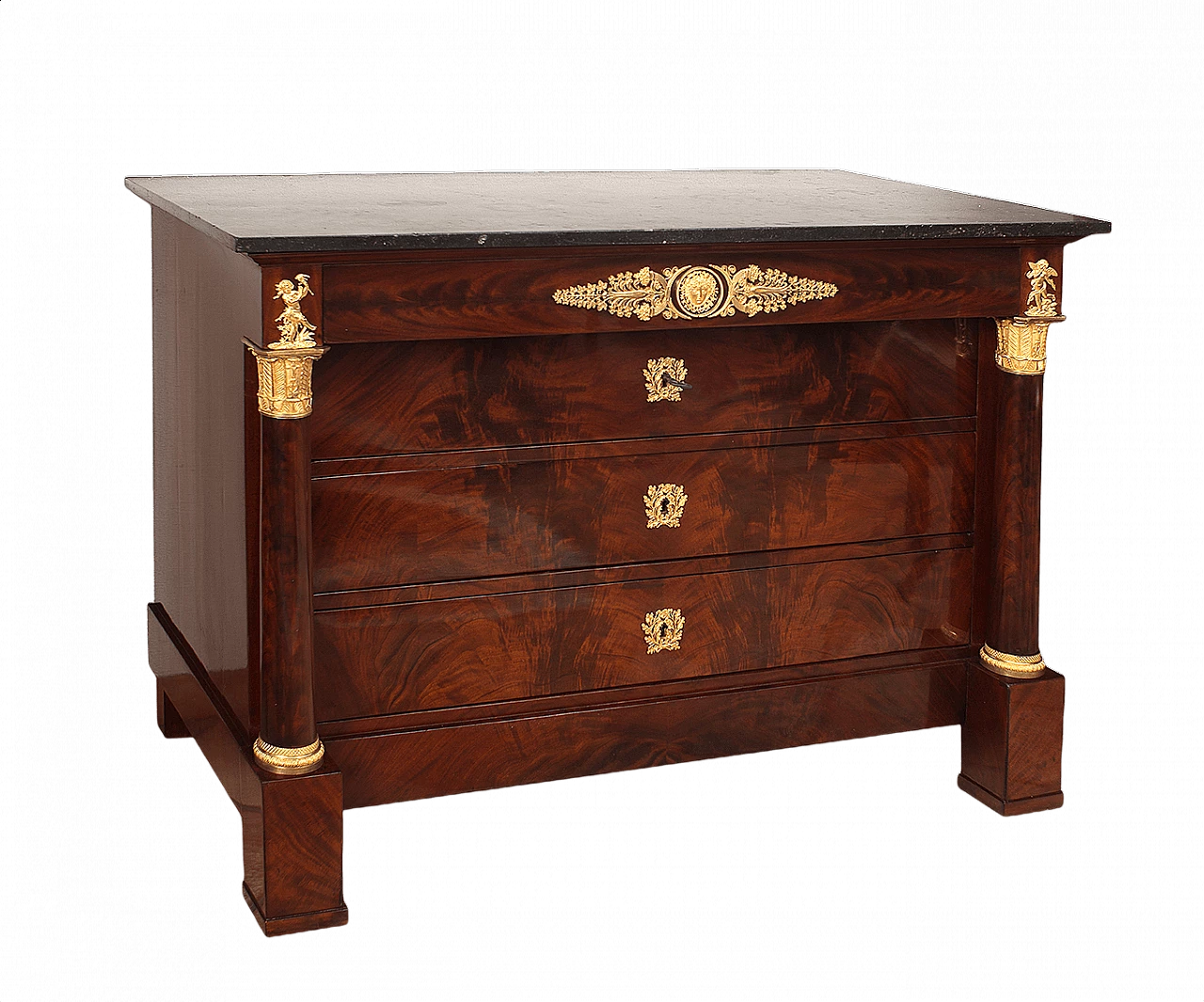 Cassettone francese Impero in piuma di mogano con piano in marmo nero del Belgio, '800 1403230