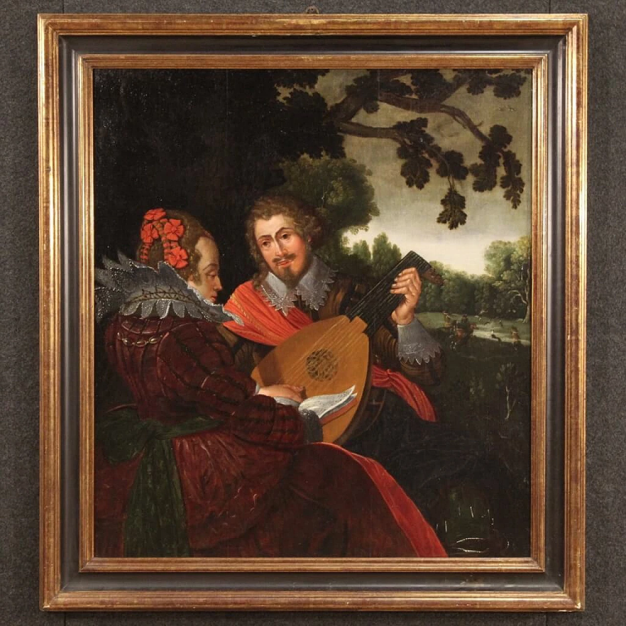 Musicians and hunting scene, Flemish oil painting, 17th century 1404012