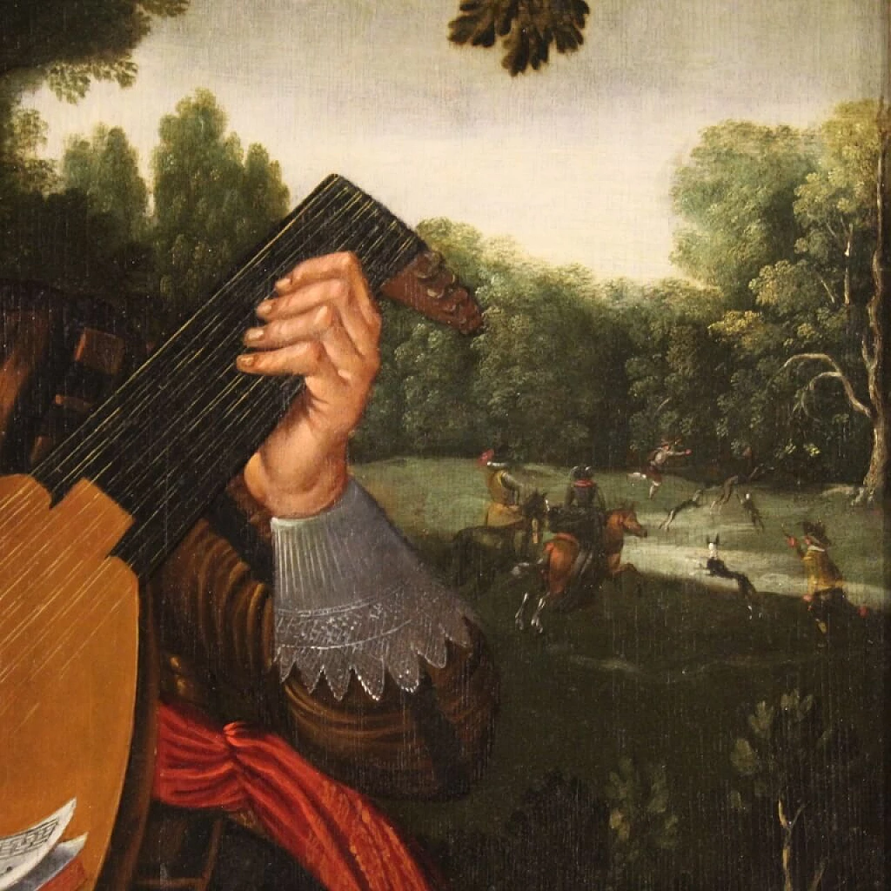 Musicians and hunting scene, Flemish oil painting, 17th century 1404014