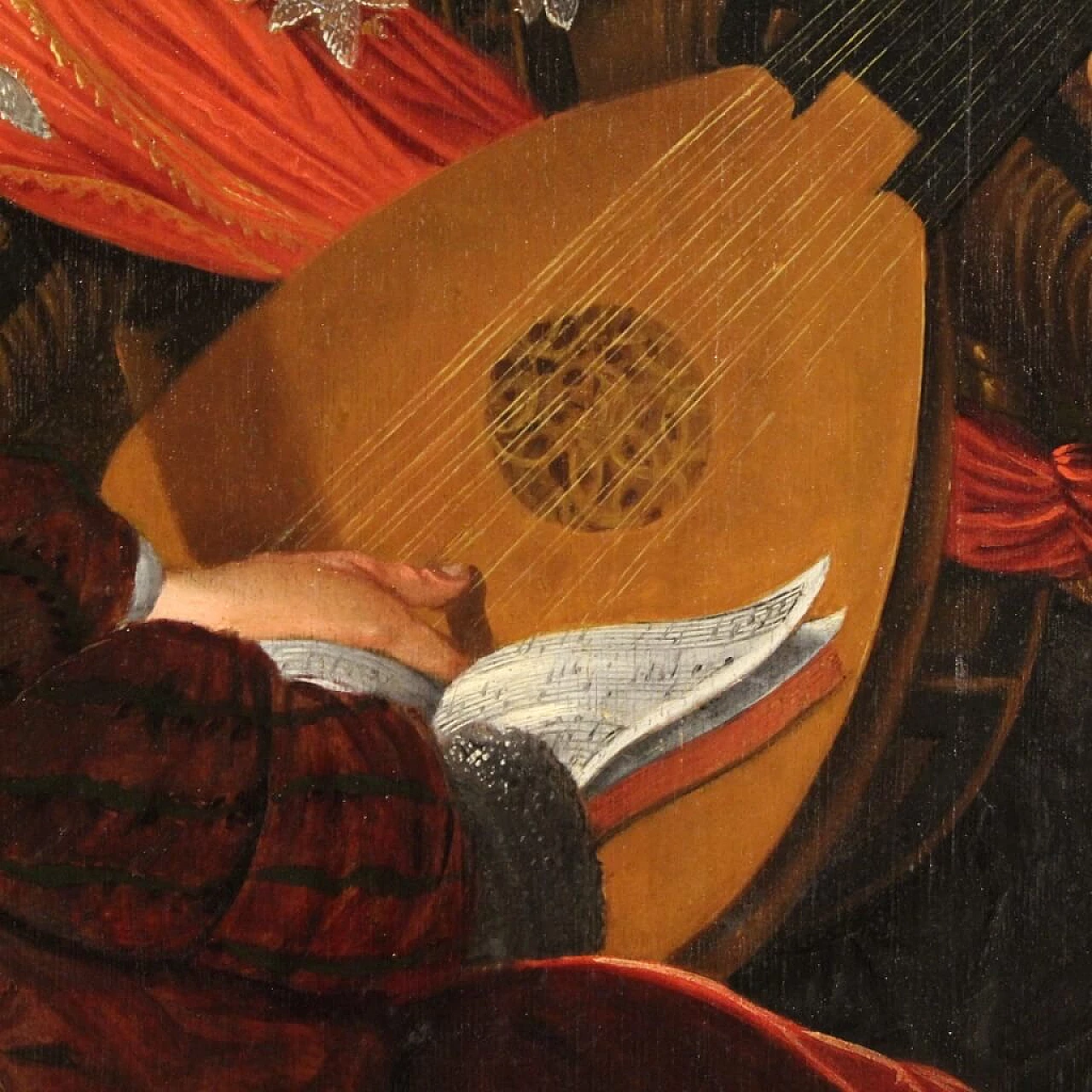 Musici e scena di caccia, dipinto fiammingo olio su tavola, '600 1404017