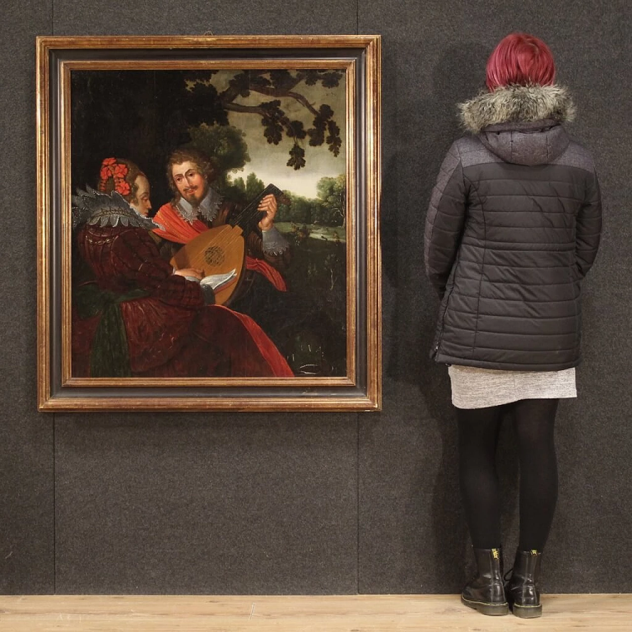 Musici e scena di caccia, dipinto fiammingo olio su tavola, '600 1404022