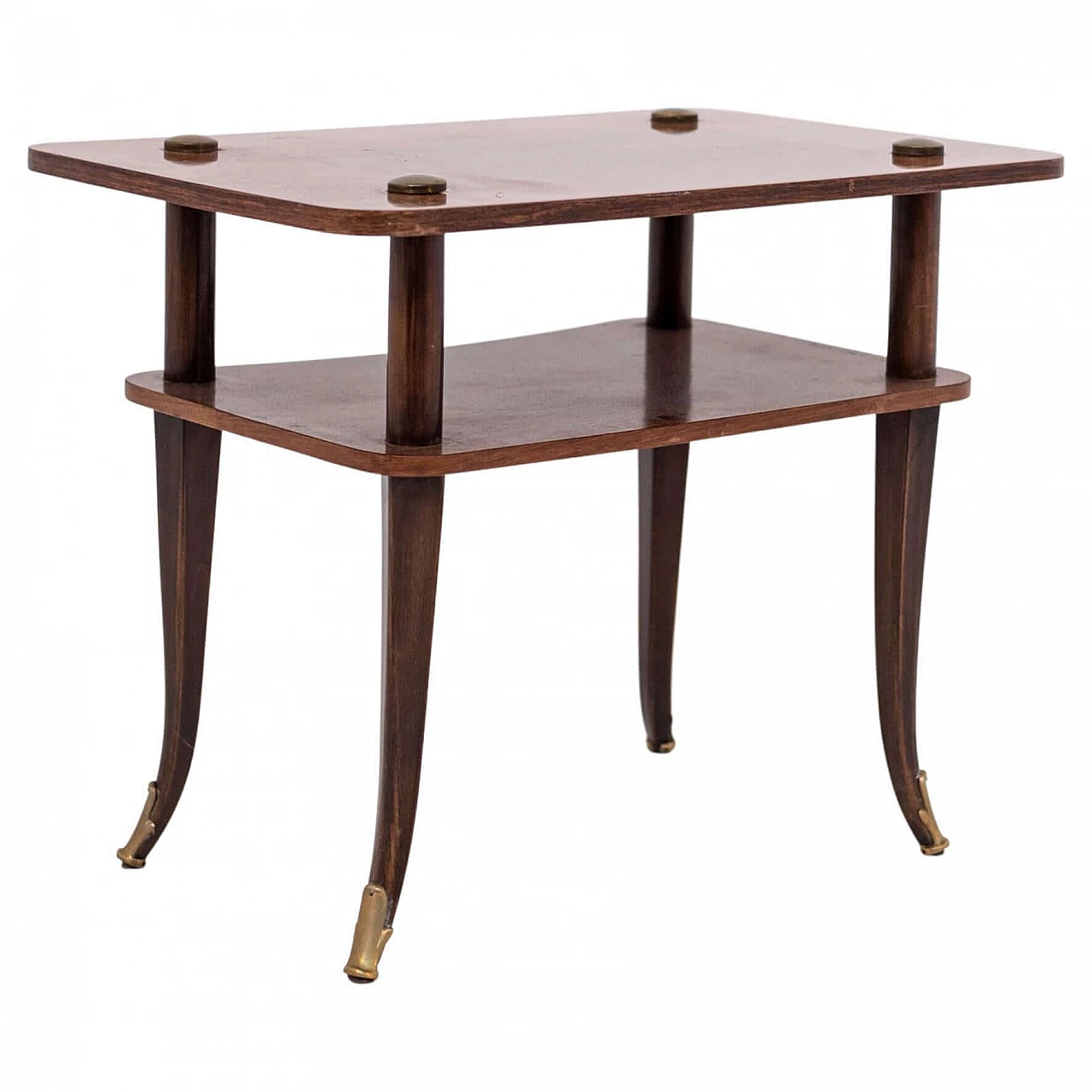 Tavolino in legno e ottone a due ripiani, anni '50 1405191
