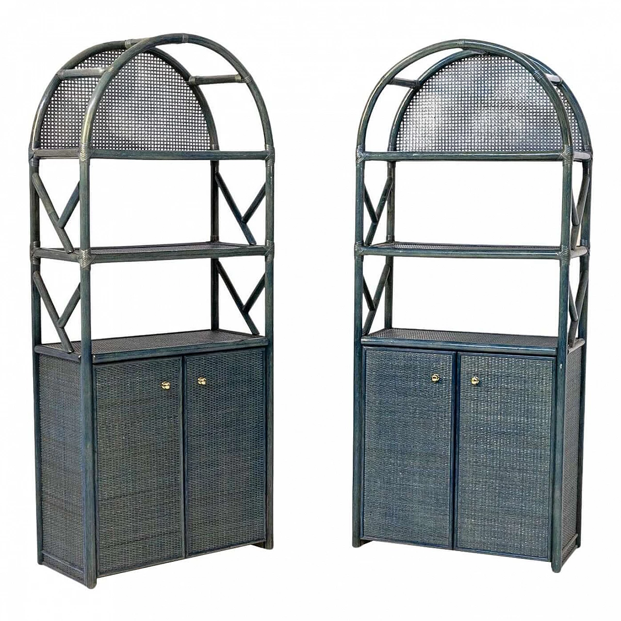 Bamboo and blue lacquered rattan bookcase, 1980s 1405230