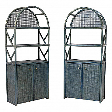Bamboo and blue lacquered rattan bookcase, 1980s