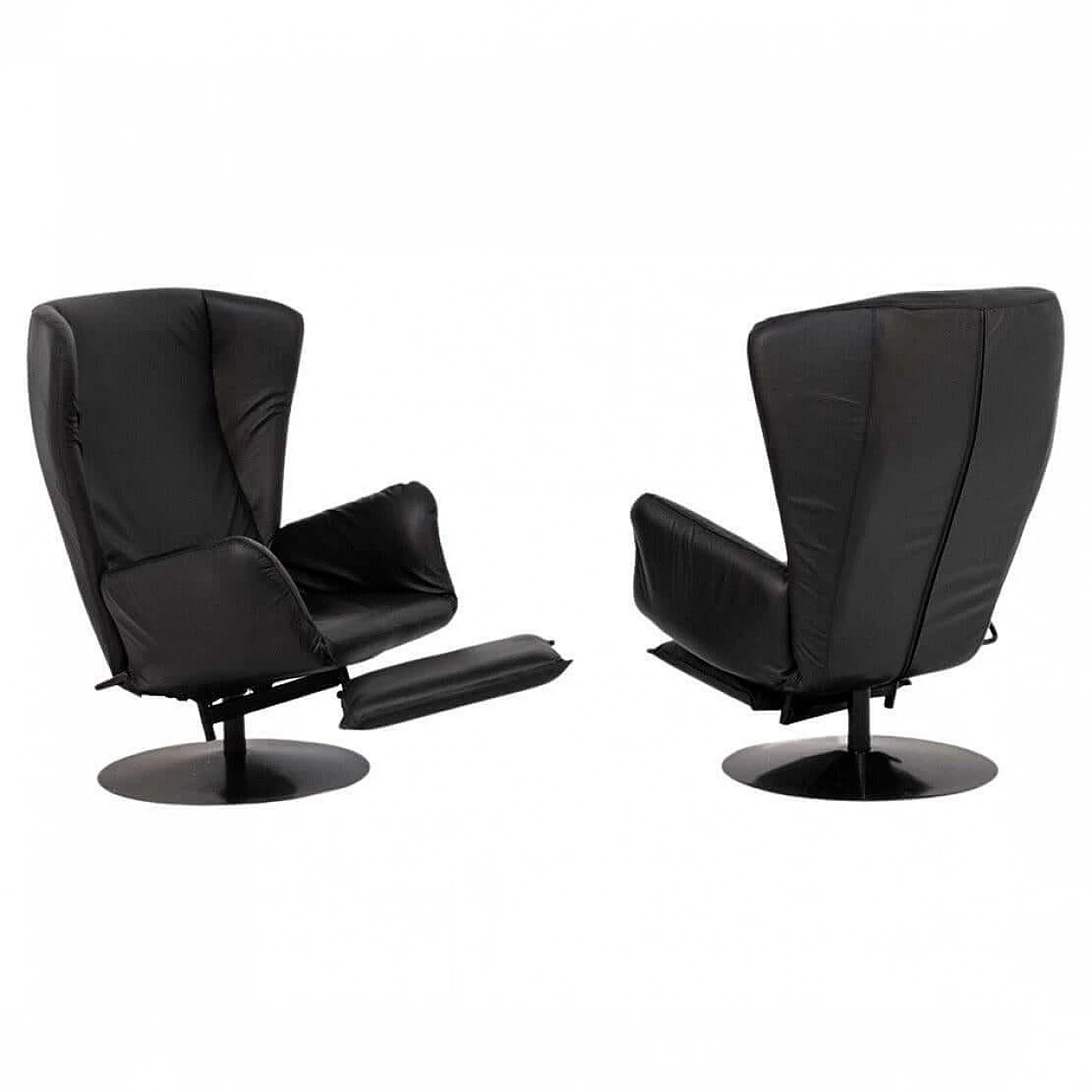 Pair of black leather armchairs with footrest cushion, 1970s 1405532