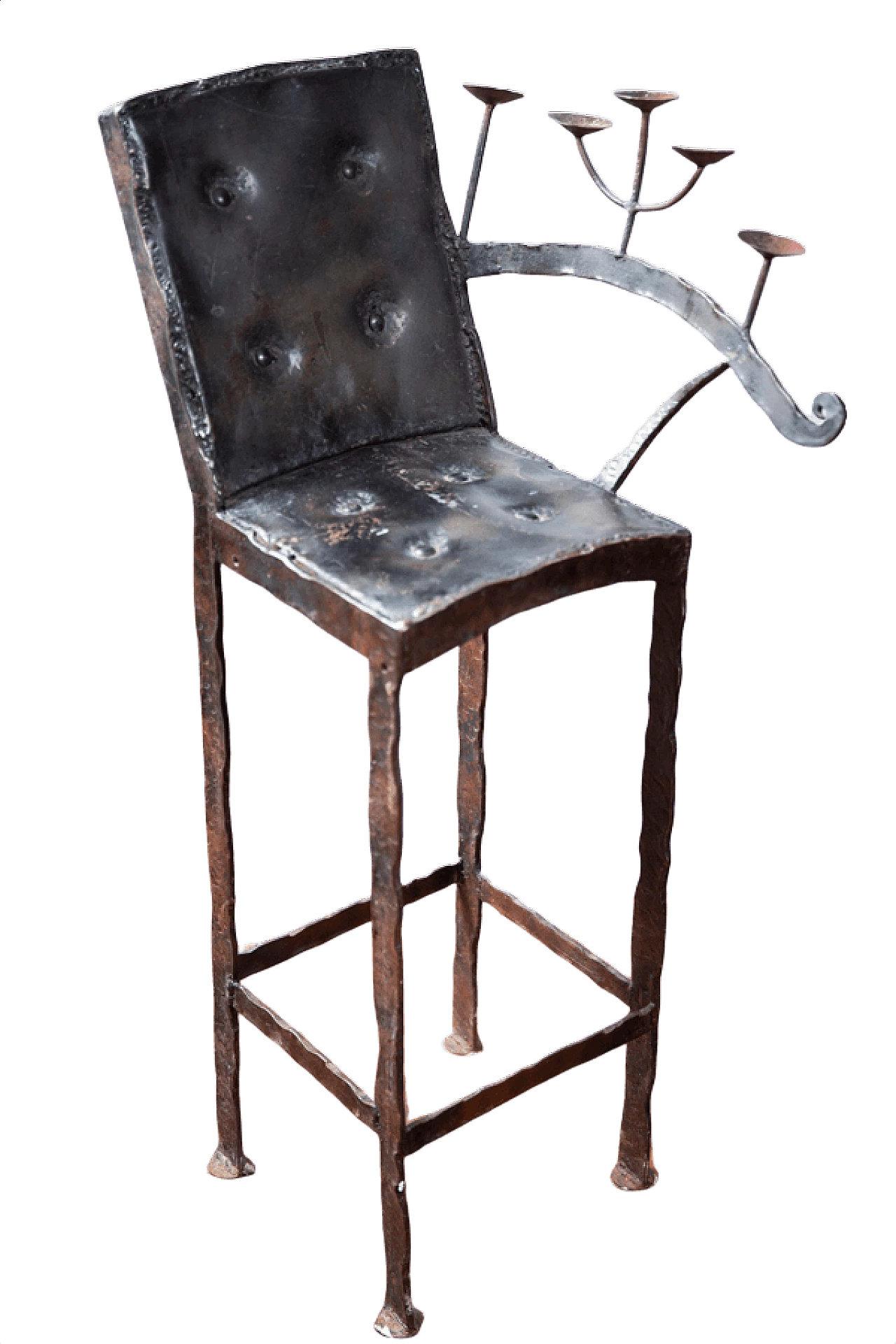 Sgabello artigianale in ferro battuto con candelabro, anni '60 1405598