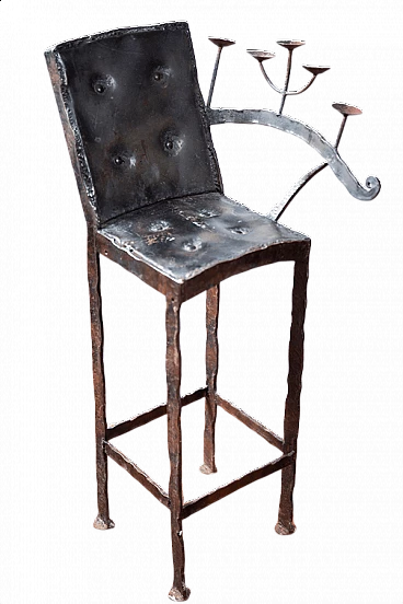 Sgabello artigianale in ferro battuto con candelabro, anni '60