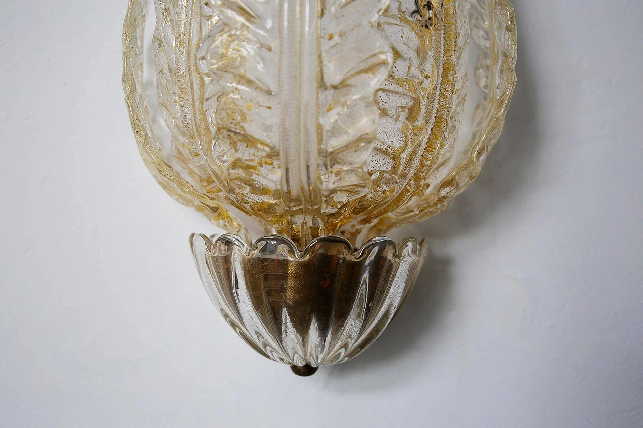Lampada da parete Venini in vetro di Murano a tre foglie, anni '30 1405626