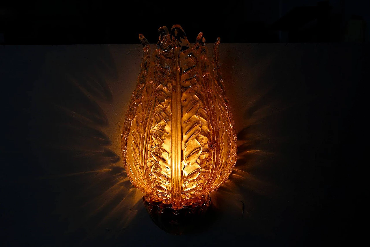 Lampada da parete Venini in vetro di Murano a tre foglie, anni '30 1405627