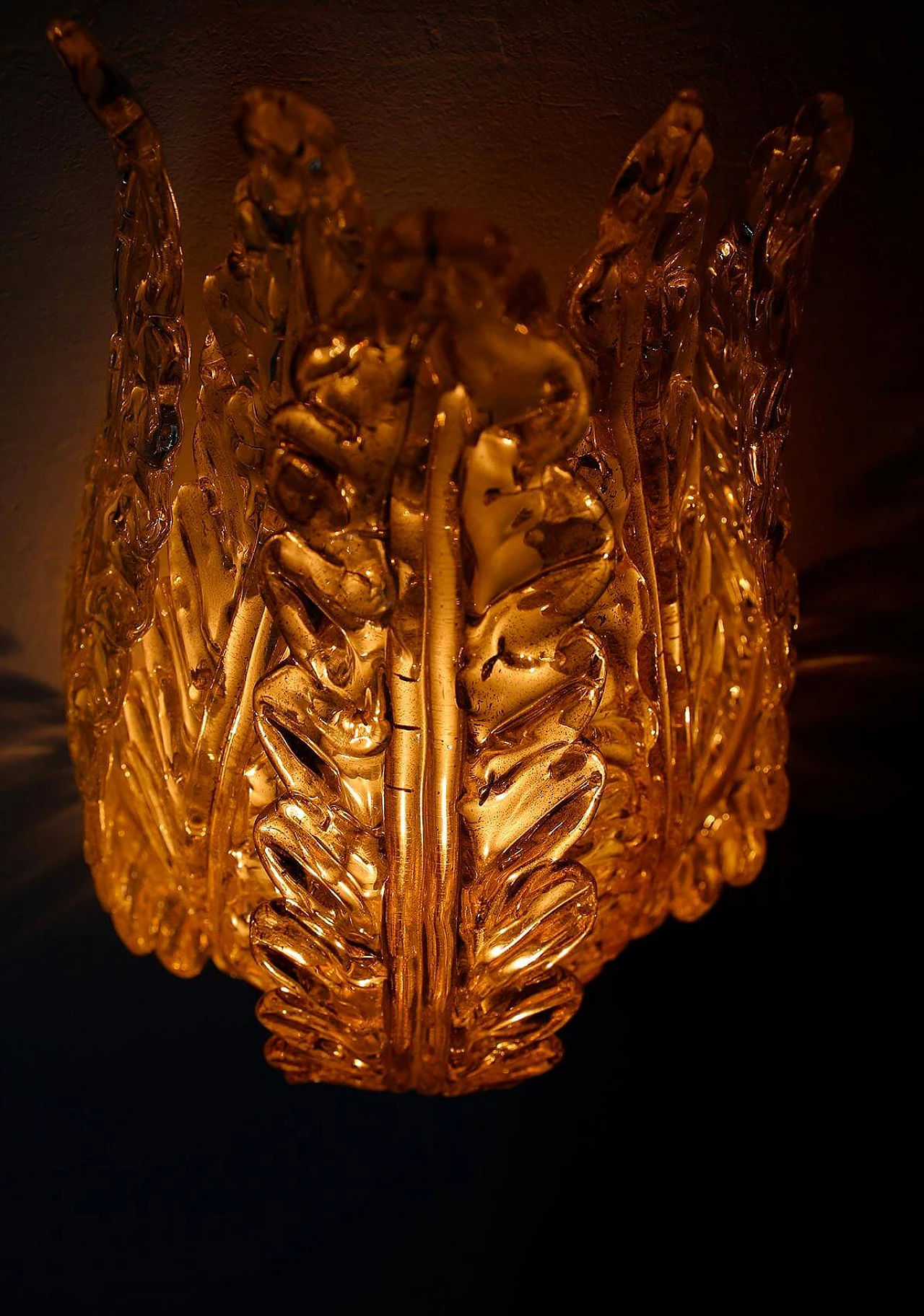 Lampada da parete Venini in vetro di Murano a tre foglie, anni '30 1405629