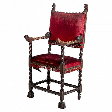 Antique walnut and velvet chair, 16th century