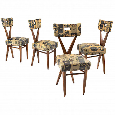 4 Wooden chairs with original fabric by Gianni Vigorelli, 1950s