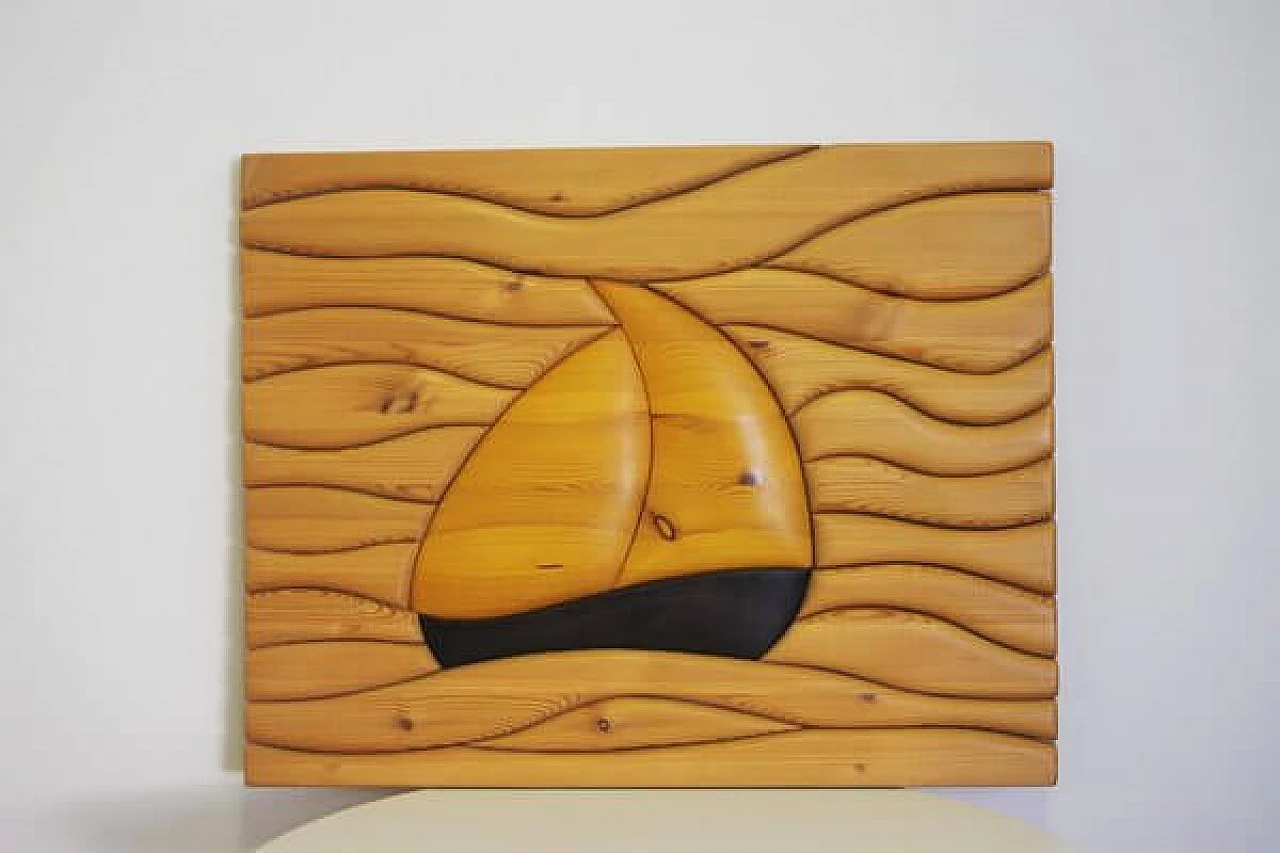 Carved pine wood painting with boat, 2000s 1406742