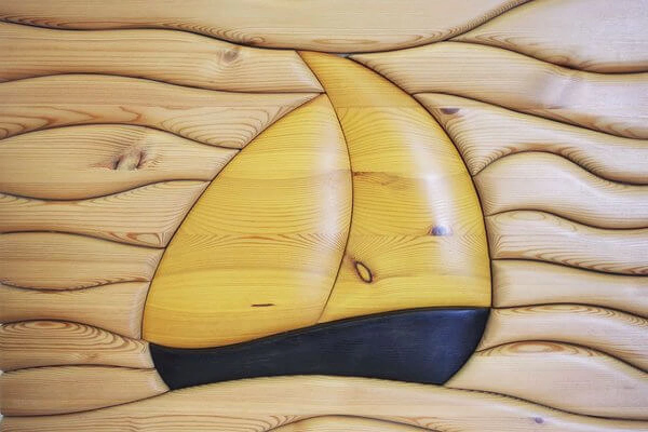 Carved pine wood painting with boat, 2000s 1406745