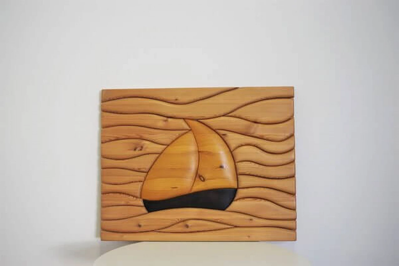 Carved pine wood painting with boat, 2000s 1406748