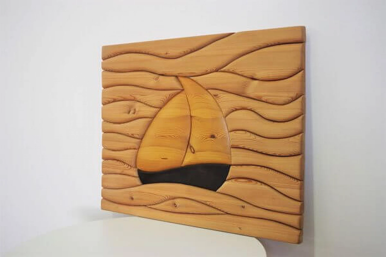 Carved pine wood painting with boat, 2000s 1406752