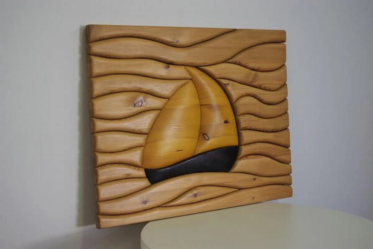 Carved pine wood painting with boat, 2000s 1406760