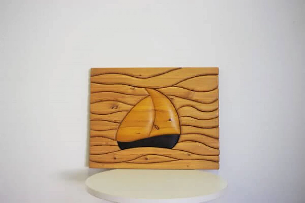 Carved pine wood painting with boat, 2000s 1406763