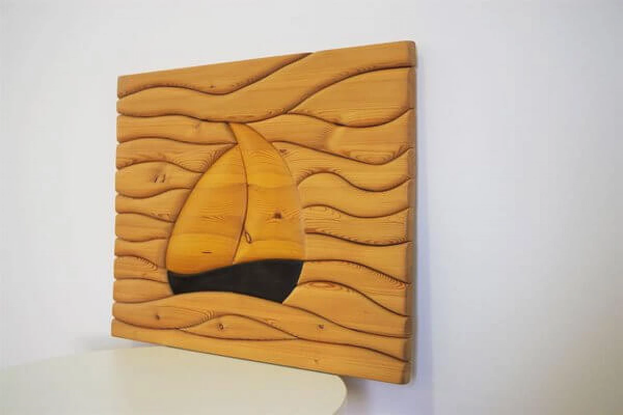 Carved pine wood painting with boat, 2000s 1406767