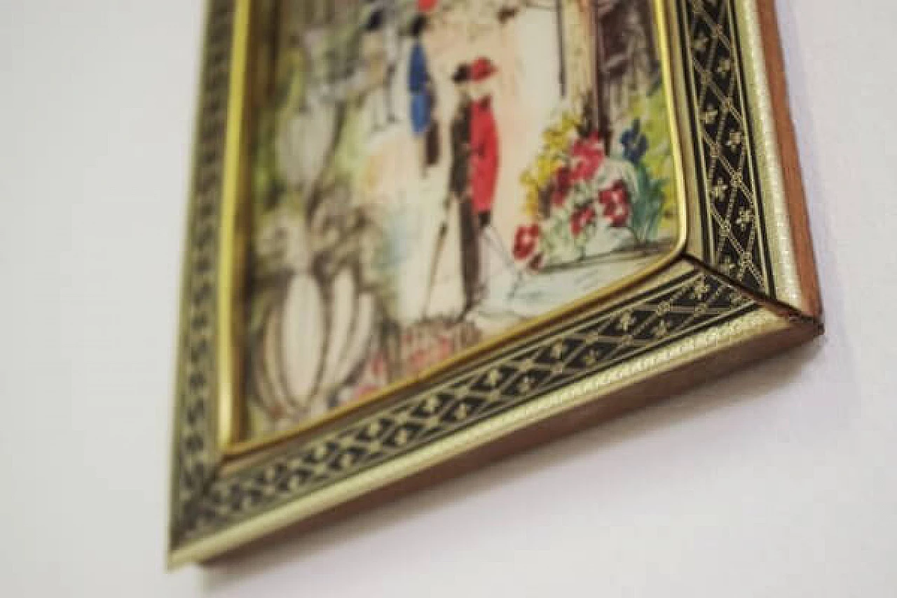 Acquerello con  veduta cittadina in cornice dorata, anni '70 1406779