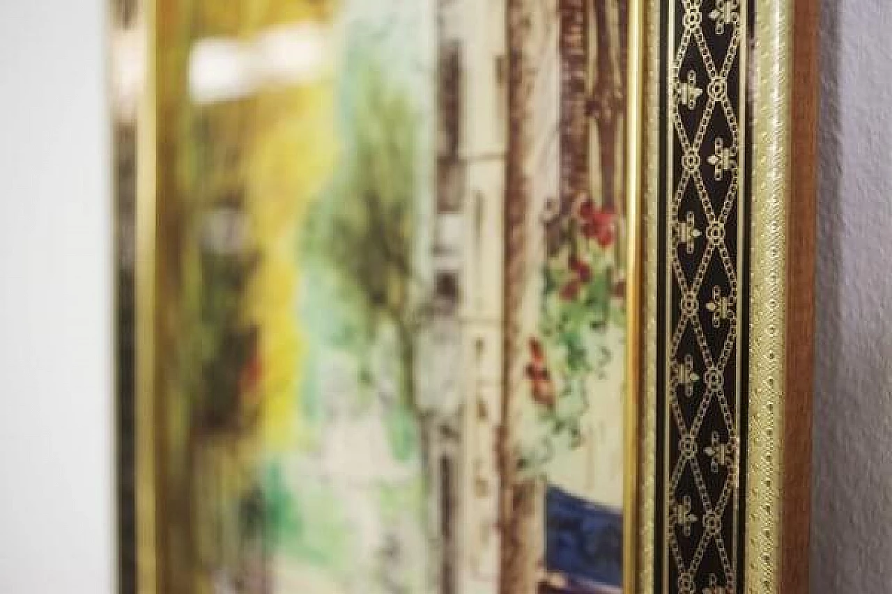 Acquerello con  veduta cittadina in cornice dorata, anni '70 1406790