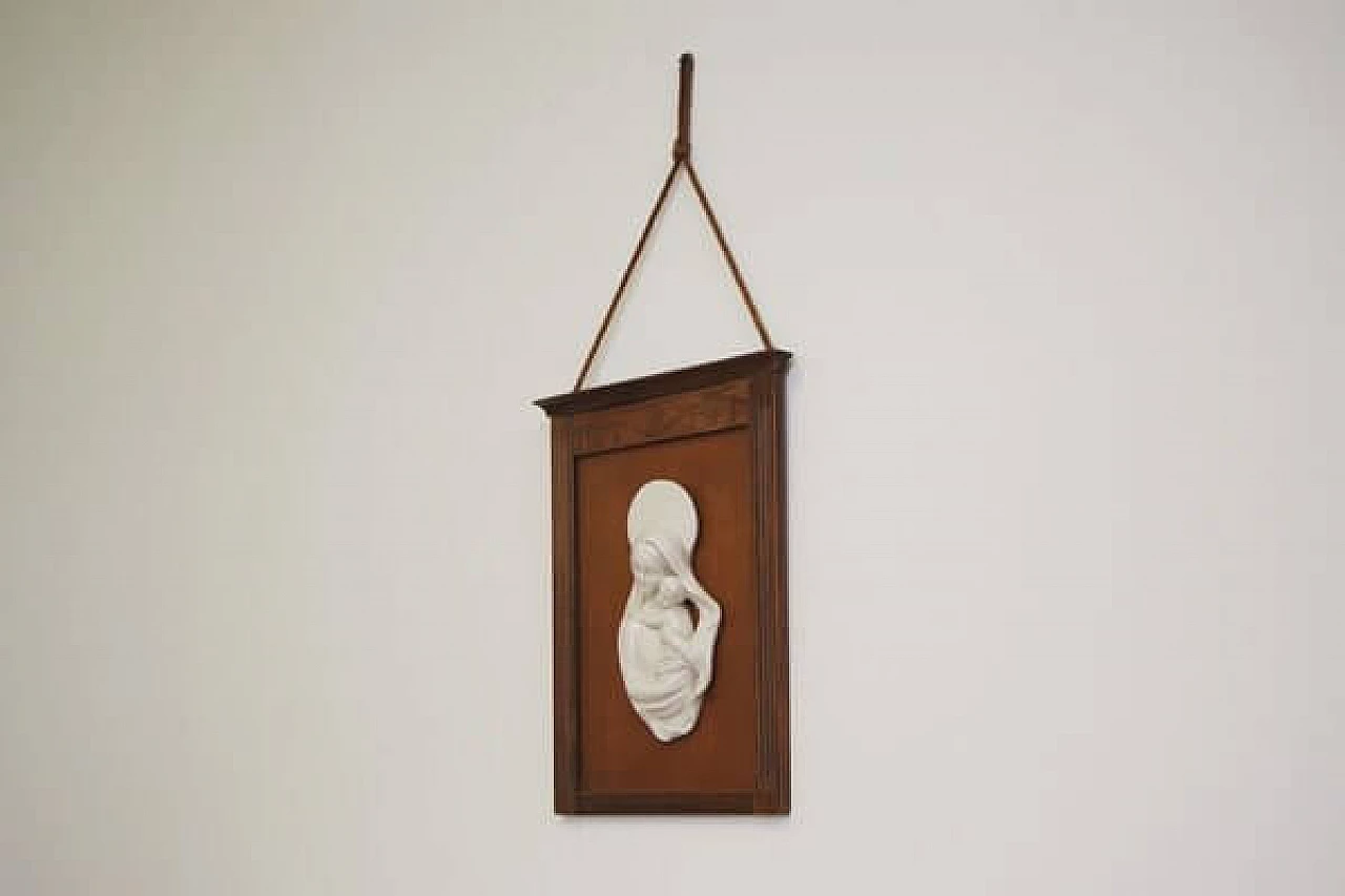 Madonna and Child in ceramic within carved wooden frame, 1950s 1406796