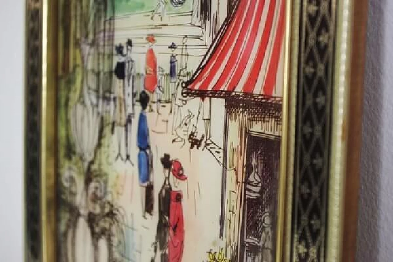 Acquerello con  veduta cittadina in cornice dorata, anni '70 1406802