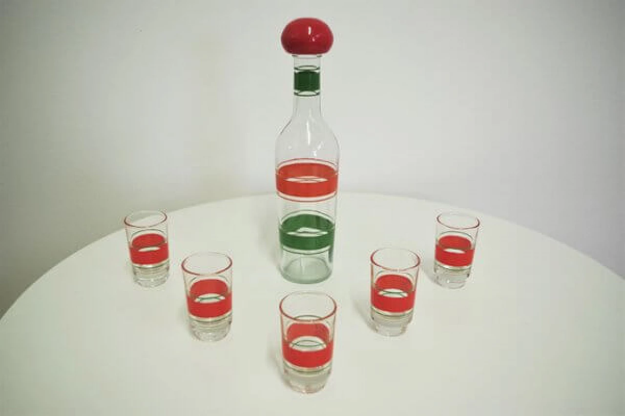 5 Bicchieri  da liquore e bottiglia in vetro colorato, anni '60 1407097