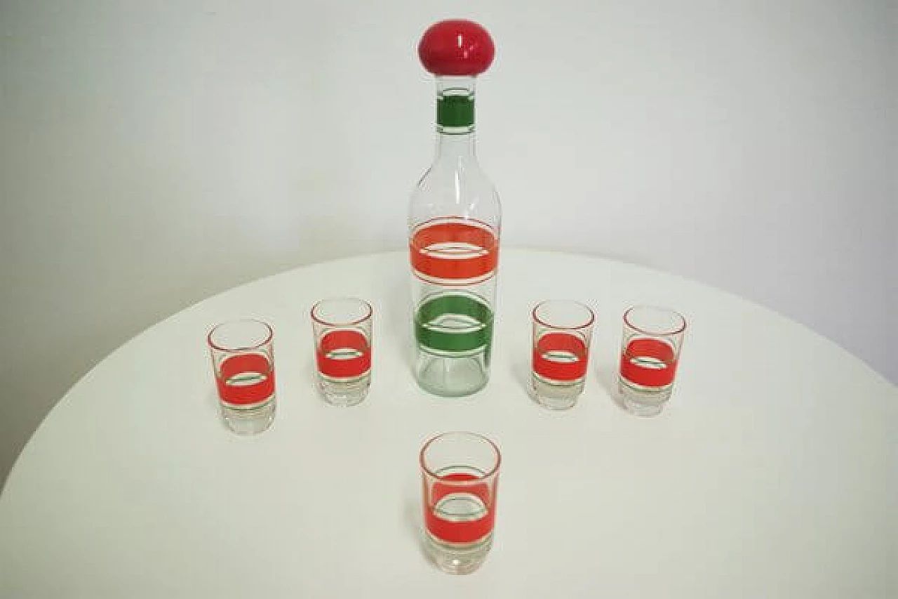 5 Bicchieri  da liquore e bottiglia in vetro colorato, anni '60 1407099