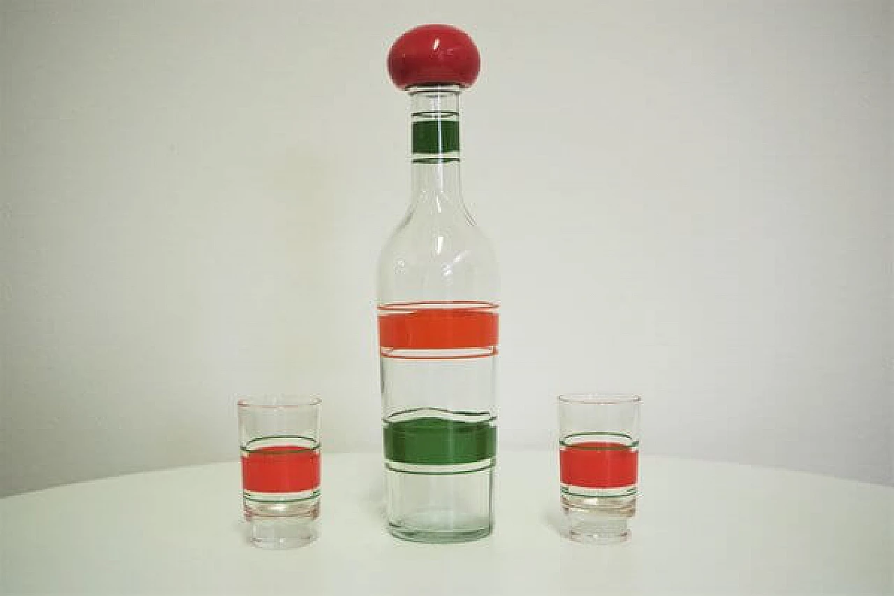 5 Bicchieri  da liquore e bottiglia in vetro colorato, anni '60 1407107